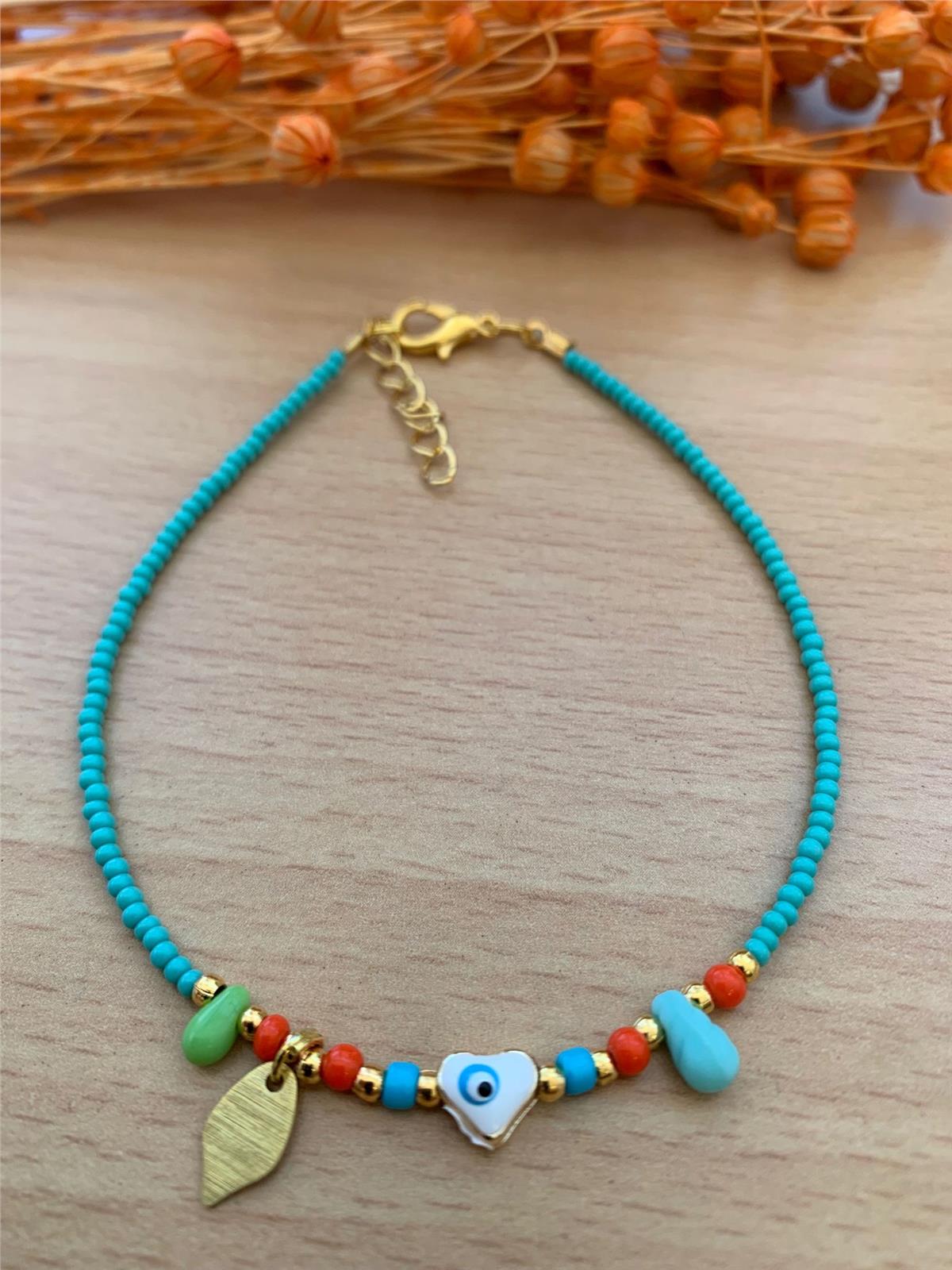 Turuncu Mavi Boncuklu Kalp Halhal