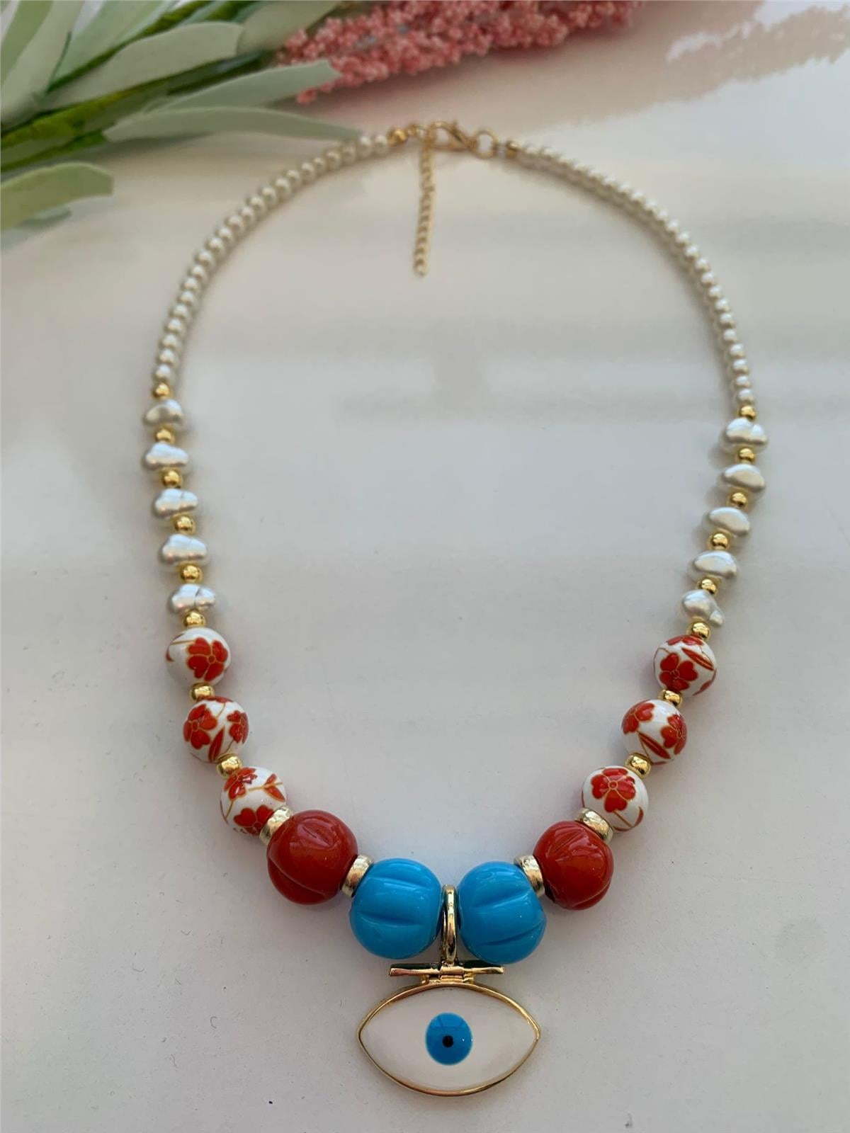 Turuncu Mavi Cam Boncuklu Seramik Çiçekli İncili Kolye