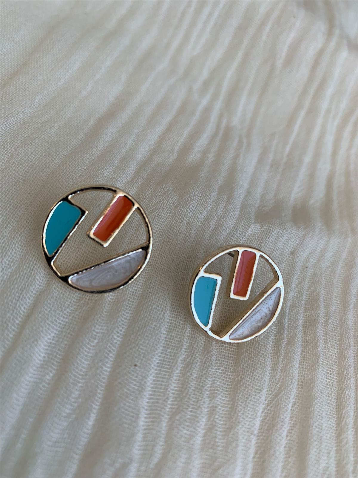 Turuncu Turkuaz Geometrik Daire Küpe