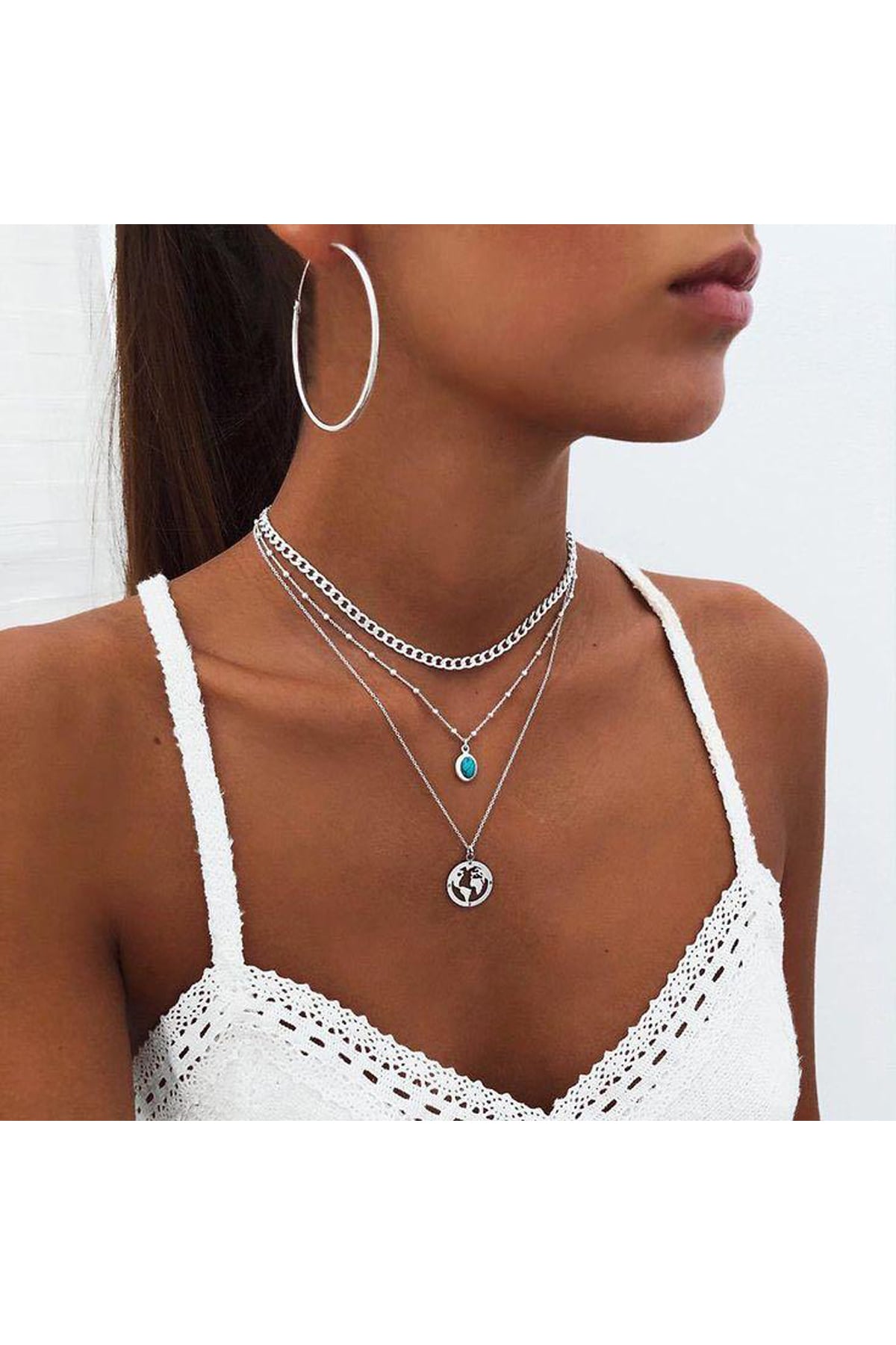 Üçlü Mavi Taşlı Dünya Kolye