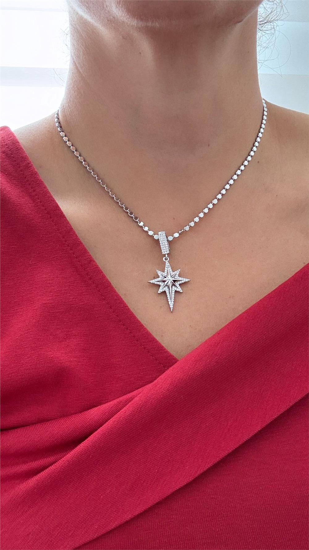 VIP Zirkon Silver Kuzey Yıldızlı Yassı Zincirli Kolye