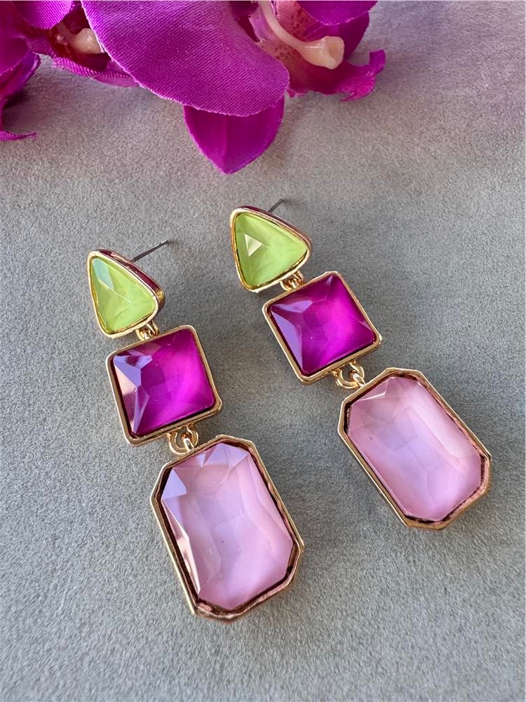Yeşil Pembe Geometrik Küpe