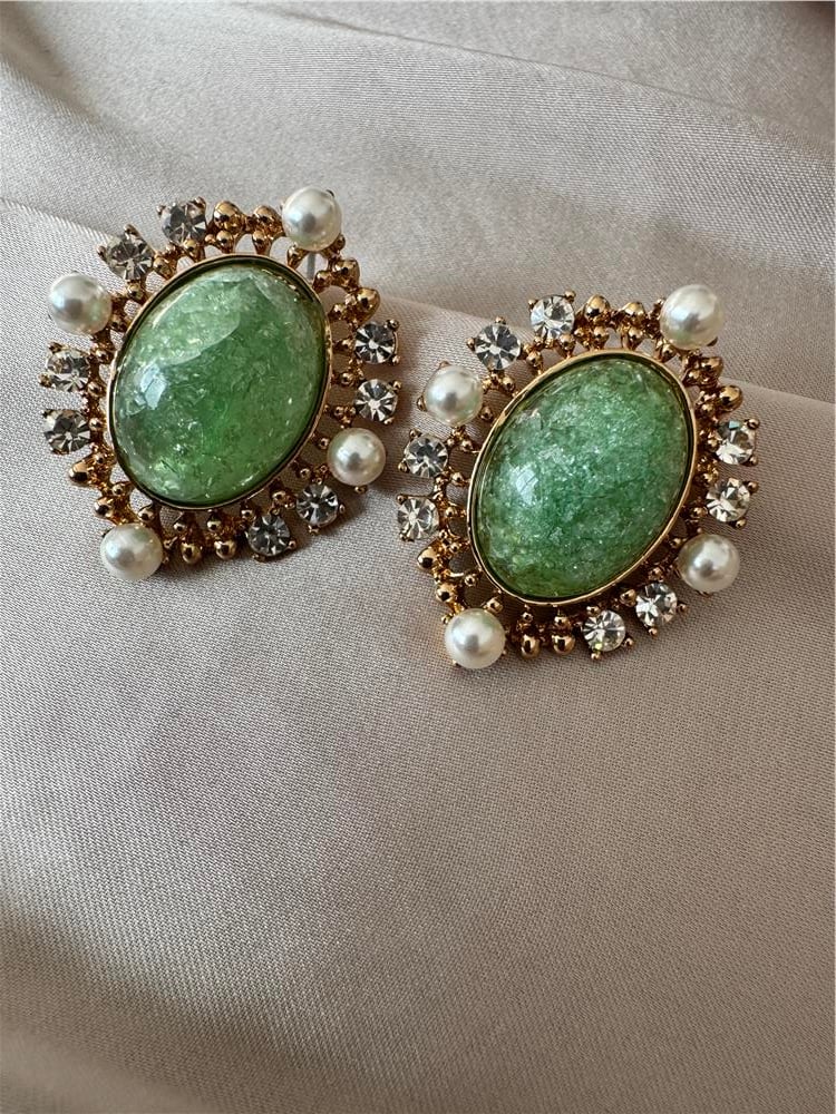 Yeşil Taşlı İncili Vintage Küpe
