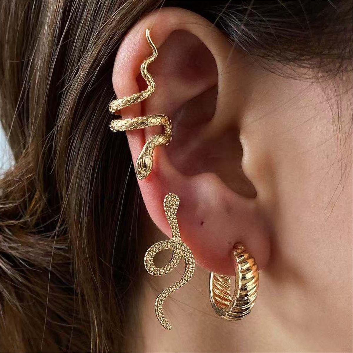 Yılanlı 3Lü Küpe ve Piercing Seti