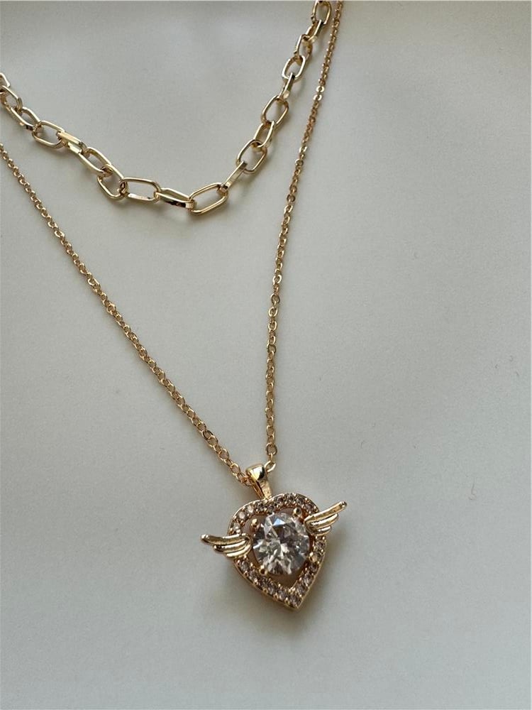 Zirkon Kanatlı Kalp 2 Katlı Gold Kolye