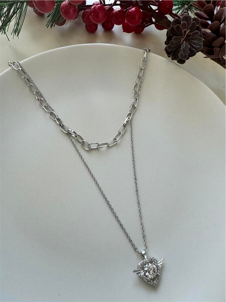 Zirkon Kanatlı Kalp Silver 2 Katlı Kolye