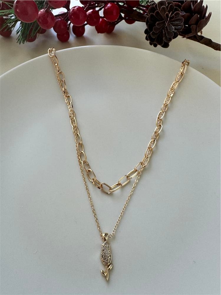 Zirkon Lale Figürlü 2 Katlı Gold Kolye