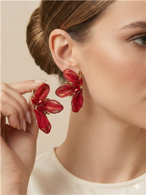 Bordo Tül Detaylı ve Kristal Taşlı Çiçek Küpe