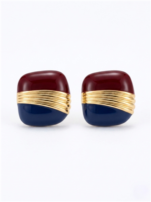 Bordo ve Lacivert Mineli Gold Detaylı Geometrik Küpe