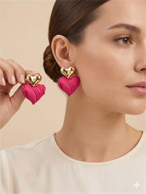 Fuşya Desenli Kalp Küpe