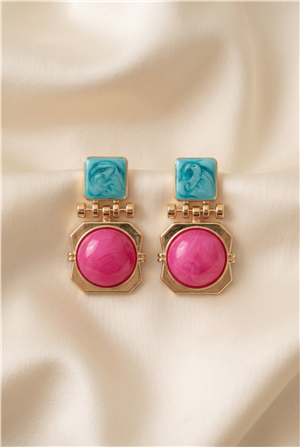 Mavi Kare ve Pembe Yuvarlak Taşlı Gold Küpe