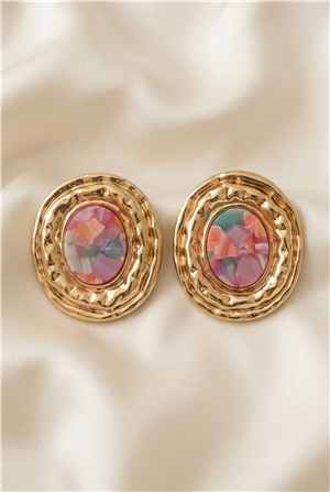 Pembe Desenli Gold Çerçeveli Büyük Oval Küpe