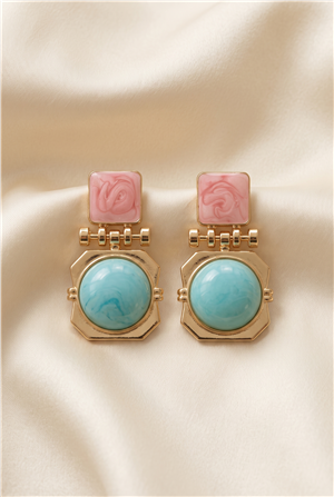 Pembe Kare ve Mavi Yuvarlak Taşlı Gold Küpe