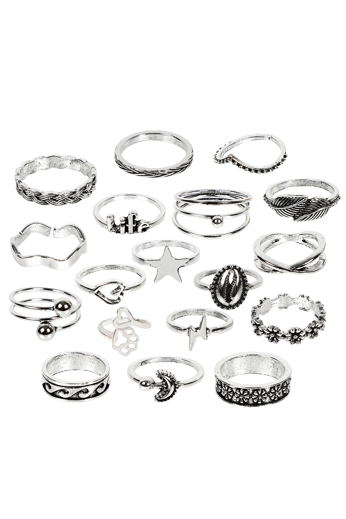 18 Adet Deniz Kabuğu Çiçek Figürlü Çoklu Yüzük Seti