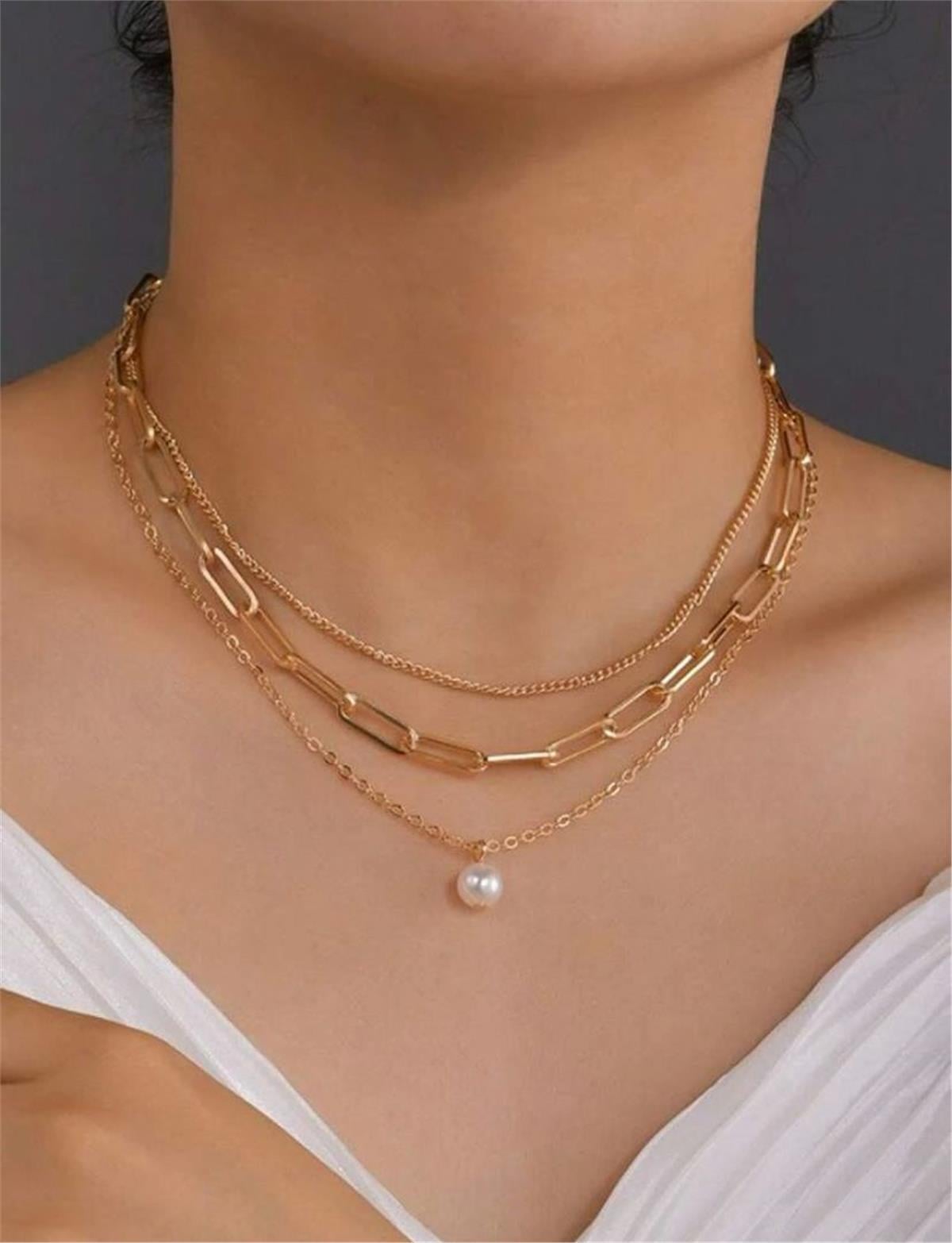 3 Sıralı Zincirli İncili Kolye