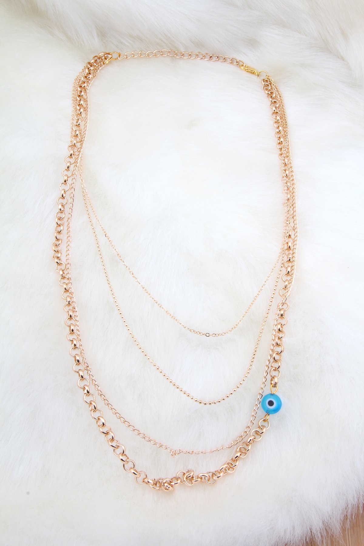 4 Sıralı Nazar Boncuklu Gold Renk Zincir Kolye