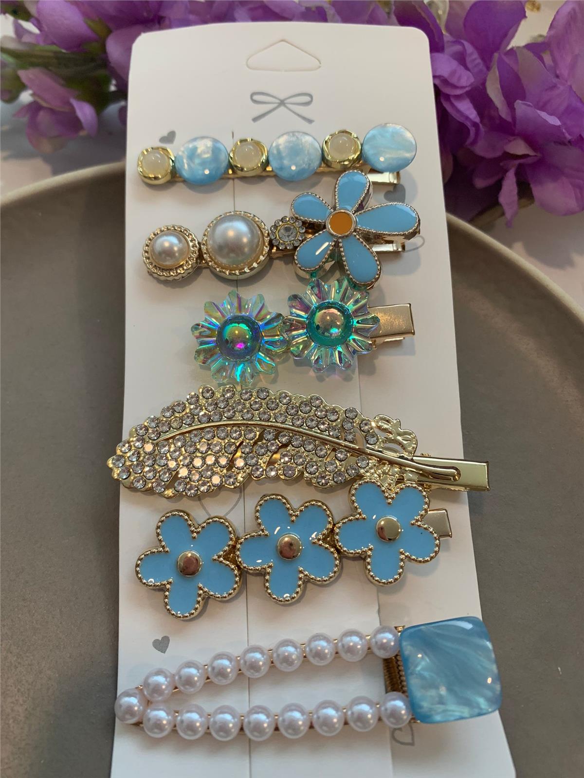 6lı Mavi Çiçek ve Tüy Toka Seti