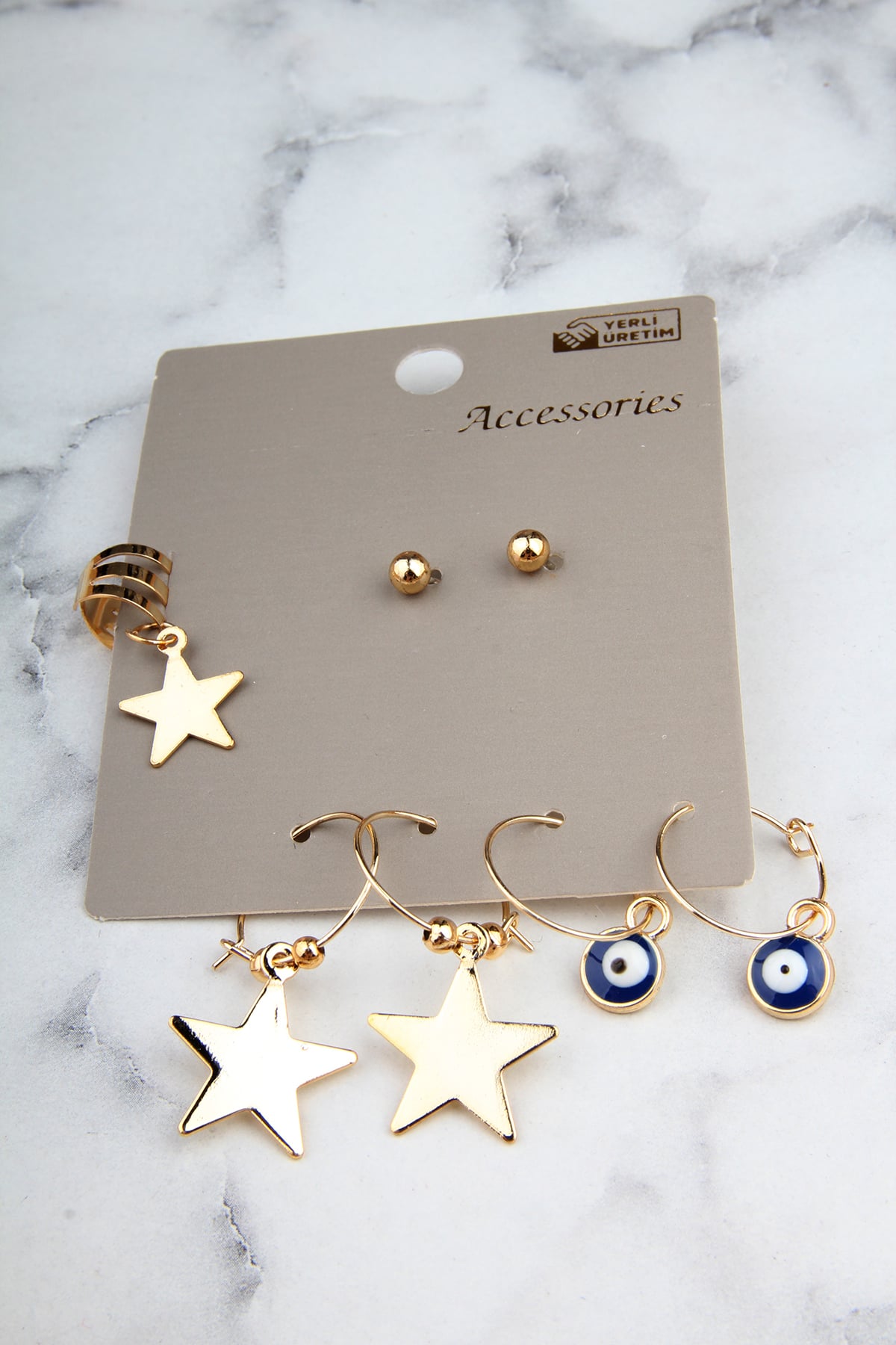 7 Li Yıldız ve Nazar Boncuklu Küpe Seti Piercing