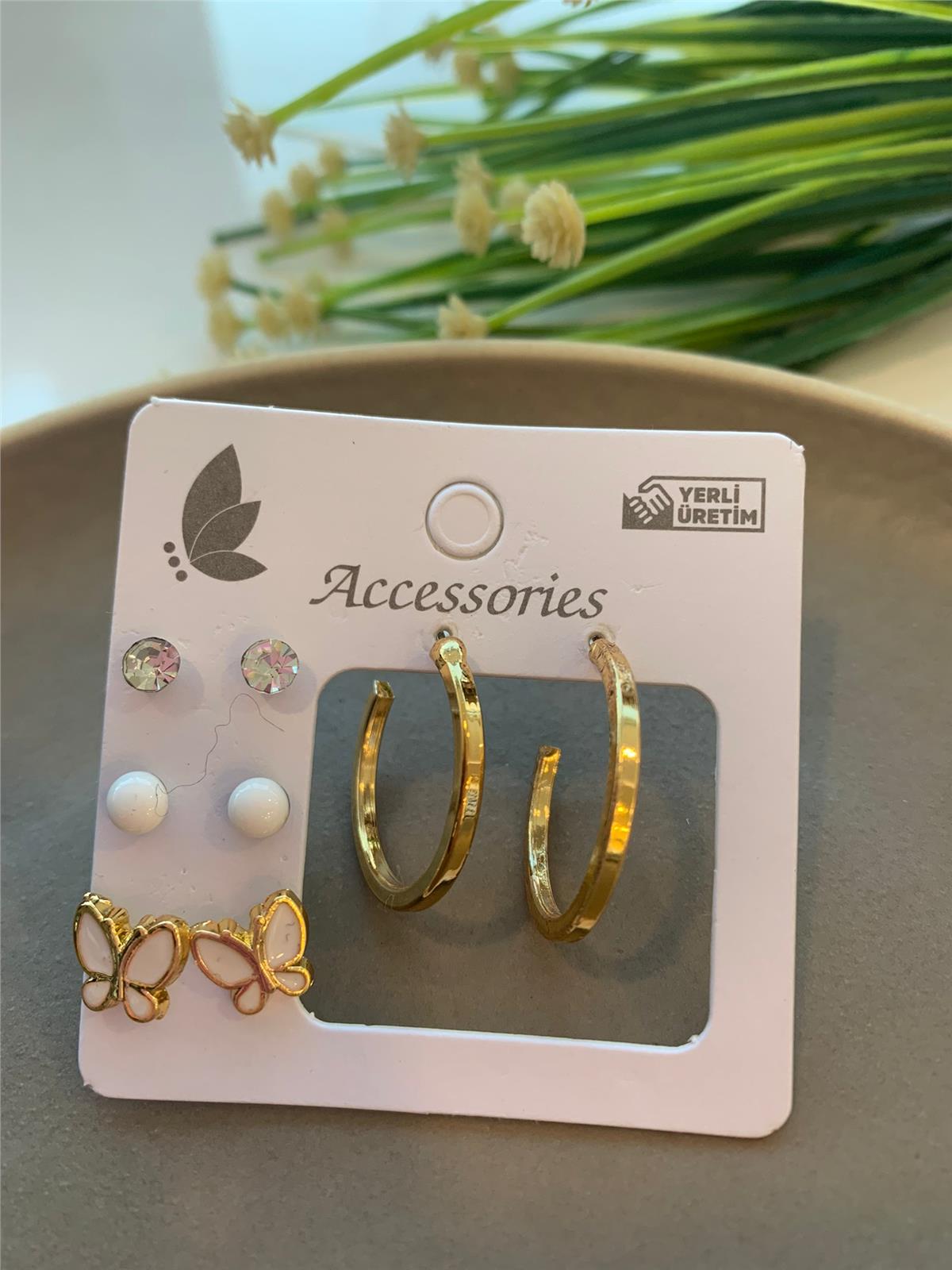 8li Beyaz Kelebek Halka Küpe Seti