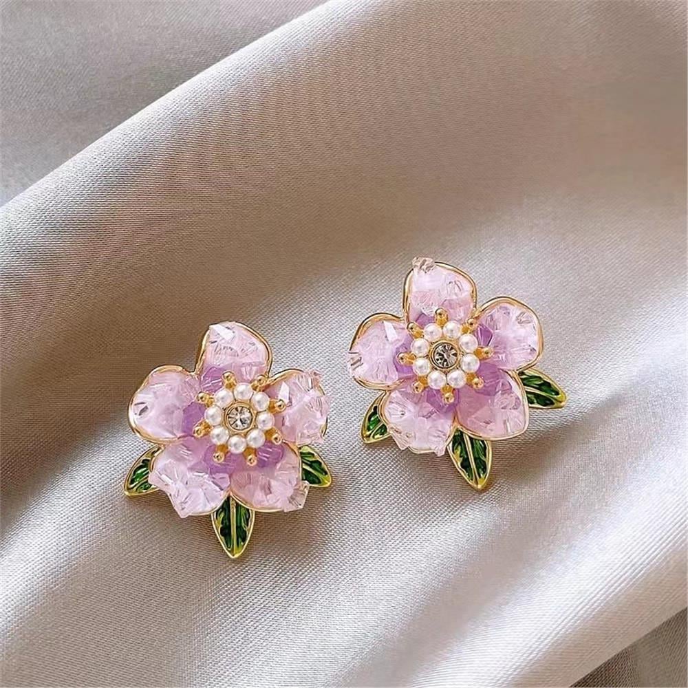 Açık Pembe Kristal Taş İşlemeli Çiçek Küpe