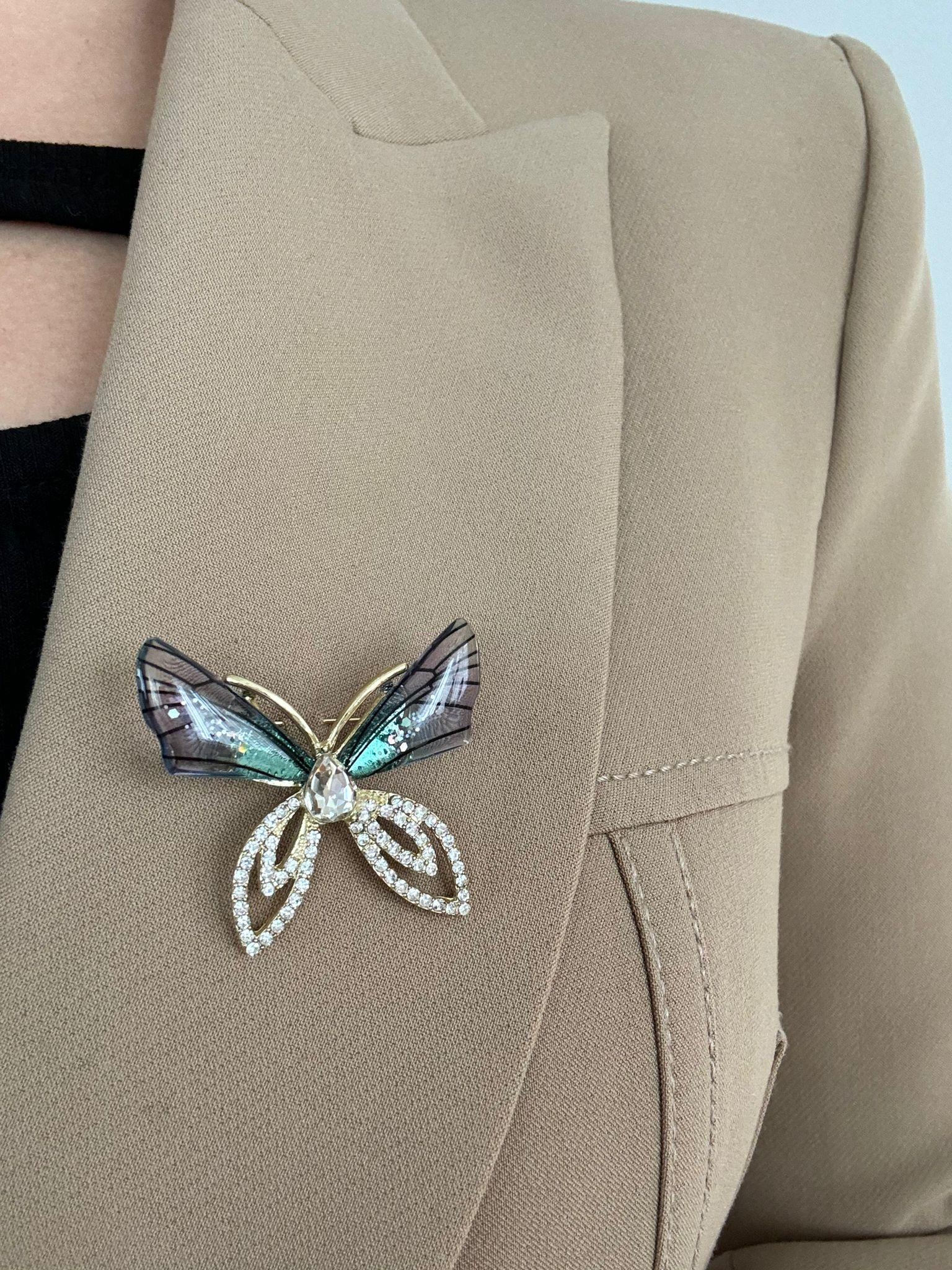 Alacalı Kanatlı Taşlı Kelebek Broş