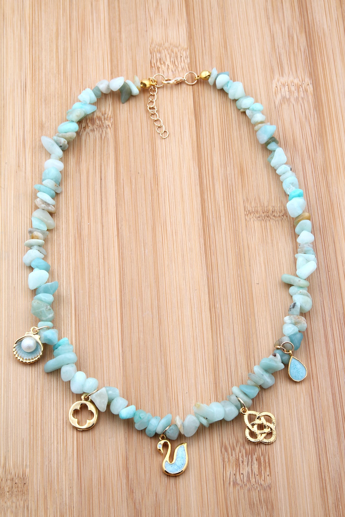 Amazonit Kırık Taşlı Kuğu Figürlü Charm Tasarım Kolye