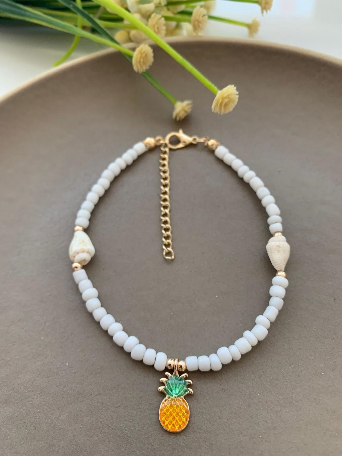 Ananas ve Denizkabuklu Beyaz Boncuk Halhal