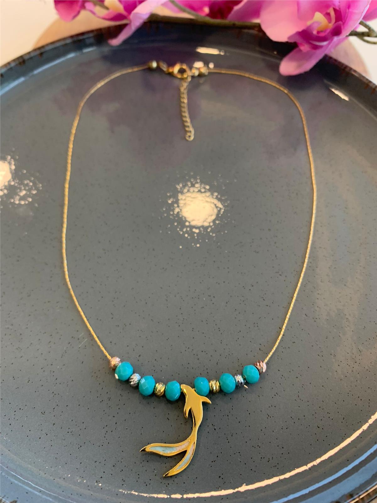 Balık Figürlü Mavi Kristalli Dorika Boncuklu Kolye