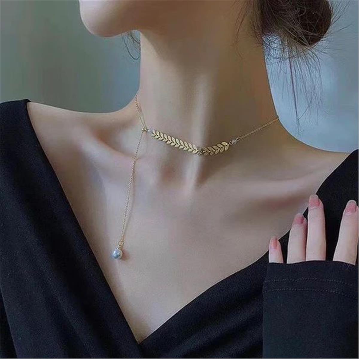 Balık Sırtı Zincir Detaylı İncili Kolye