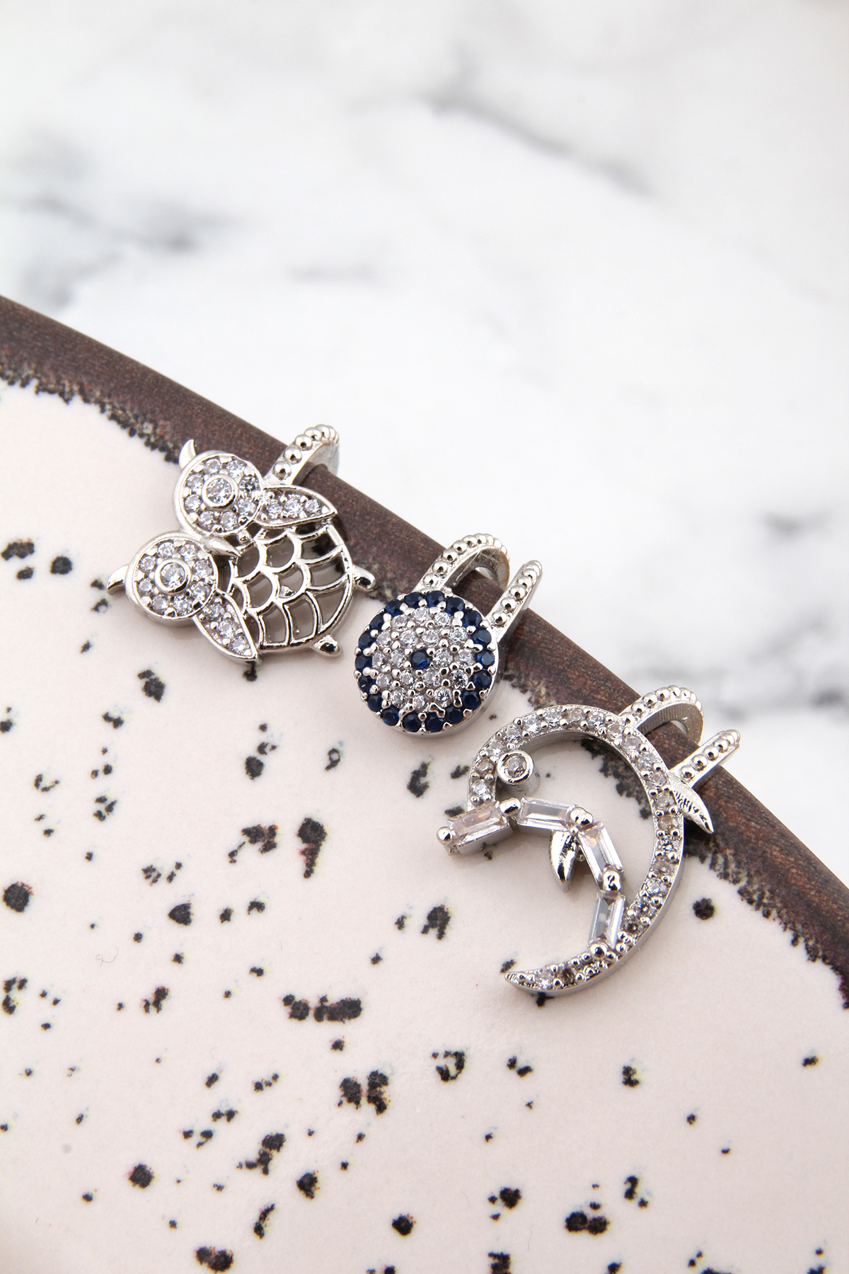 Baykuş Nazar Balık Figürlü Üçlü Kıkırdak Küpe - Piercing - Silver Renk