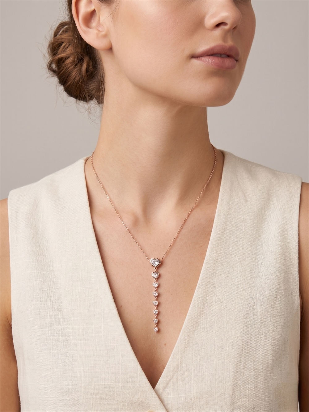 Beyaz Kalp Taşlı Rose Gold Y Kolye