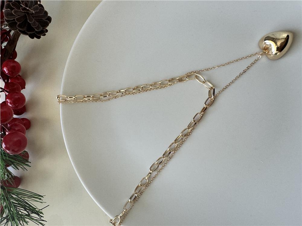 Bombeli Kalp Figürlü 2 Katlı Gold Kolye