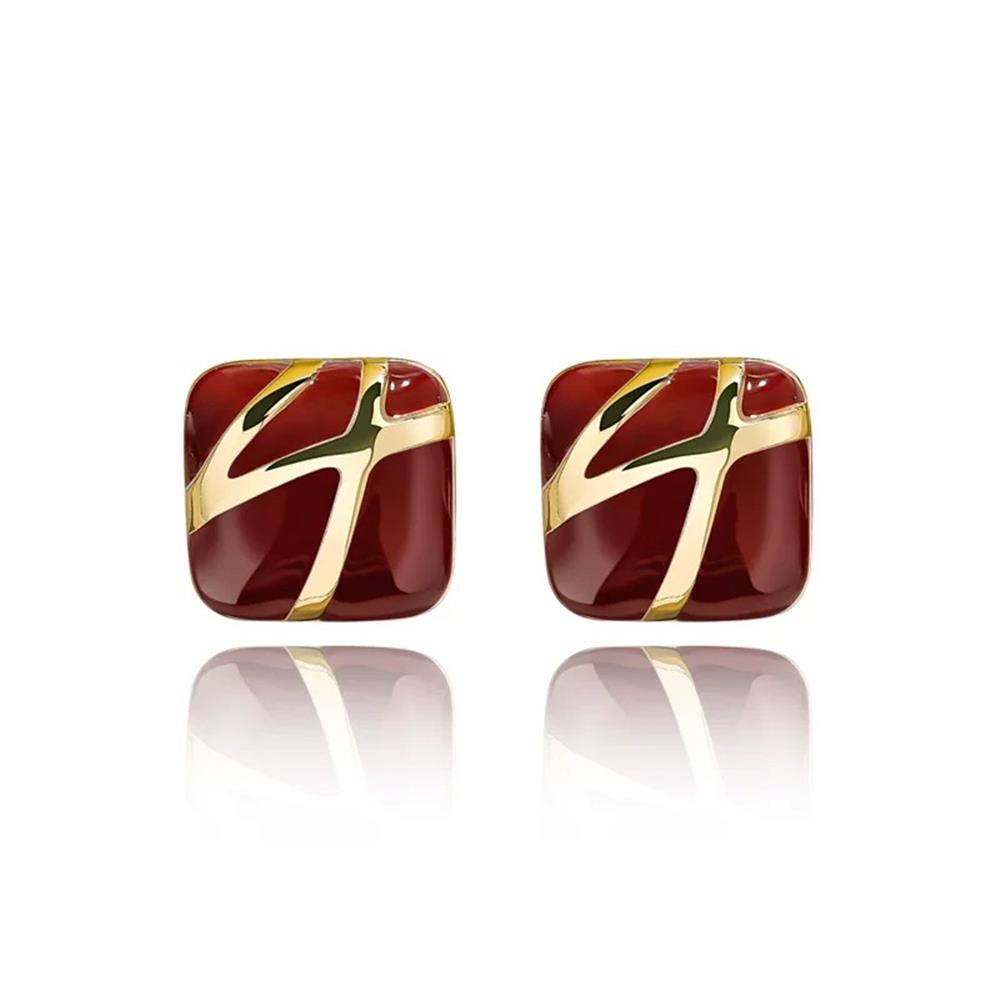 Bordo Gold Çizgili Kare Küpe