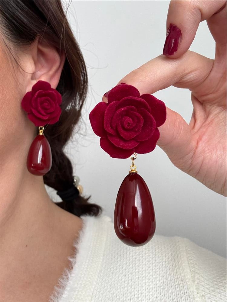 Bordo Gül ve Damla Taşlı Büyük Küpe