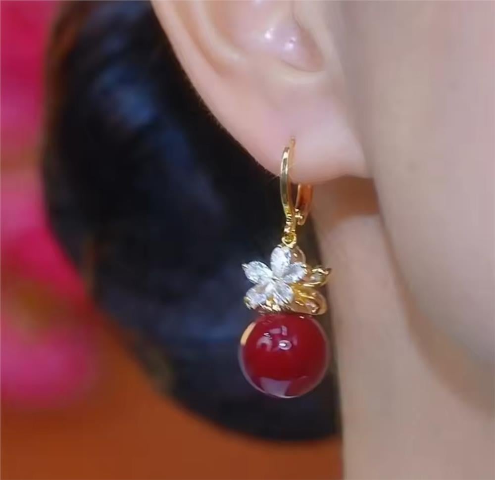 Bordo İncili Kristalli Çiçek Küpe