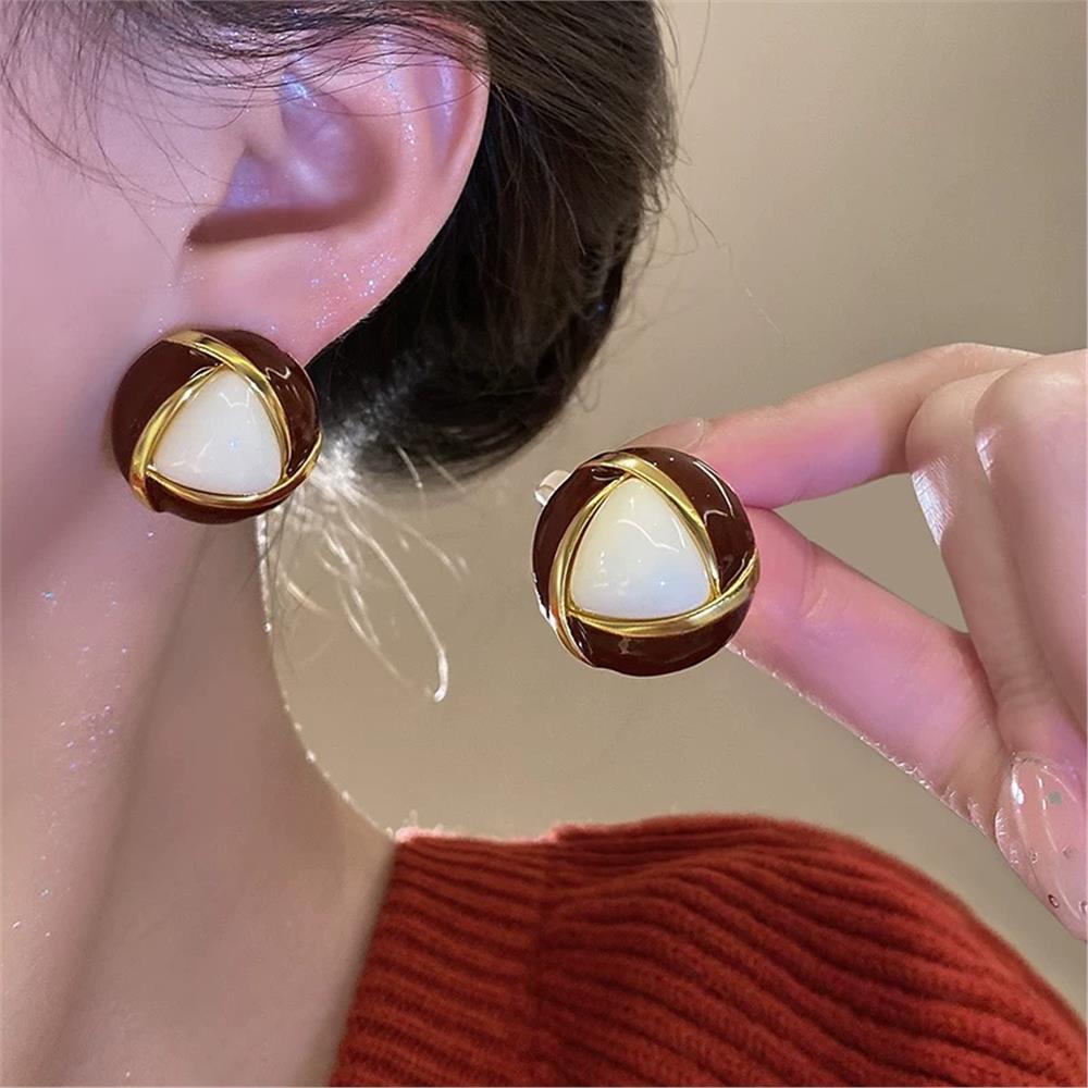 Bordo Mineli Krem Taşlı Vintage Küpe
