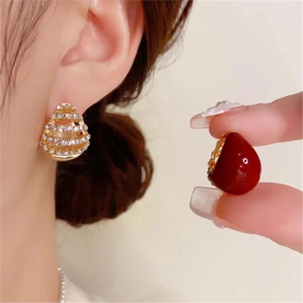Bordo Taşlı Çift Taraflı Halka Küpe