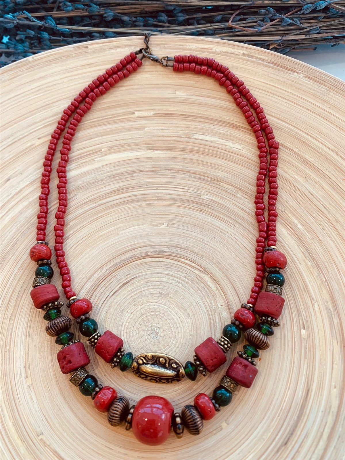 Bordo Yeşil Etnik Boncuklu Tasarım Kolye