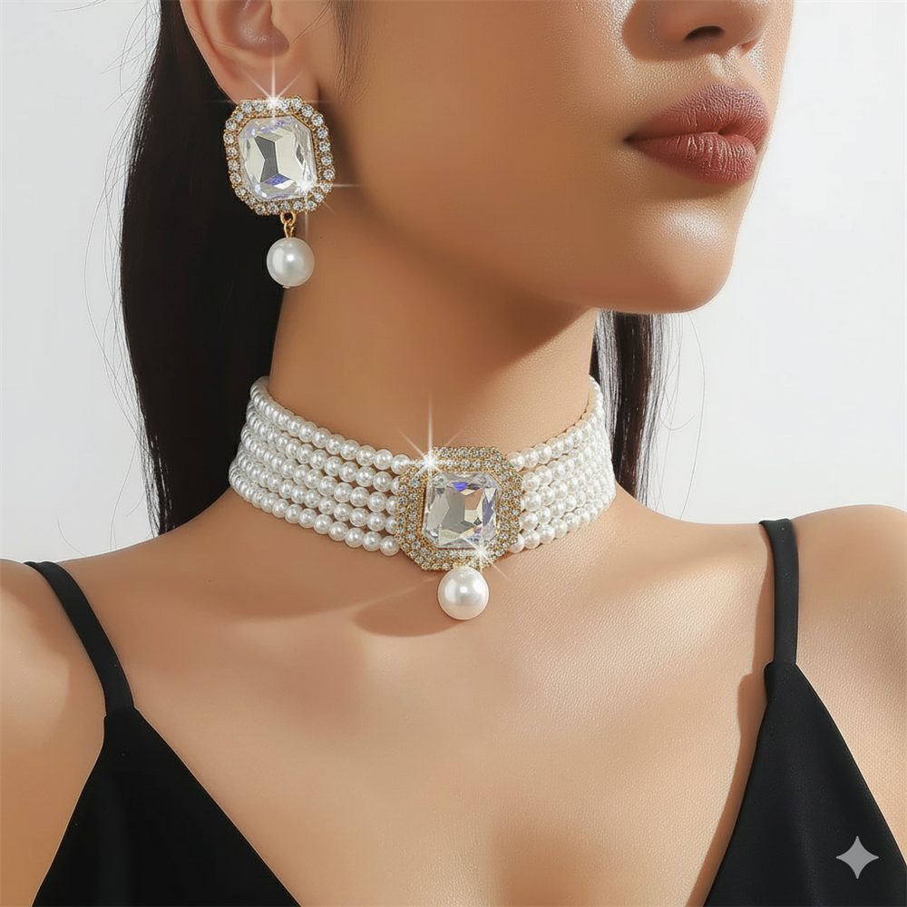 Büyük Kare Kristal Taşlı ve İnci Sallantılı Çok Sıralı Choker Abiye Set