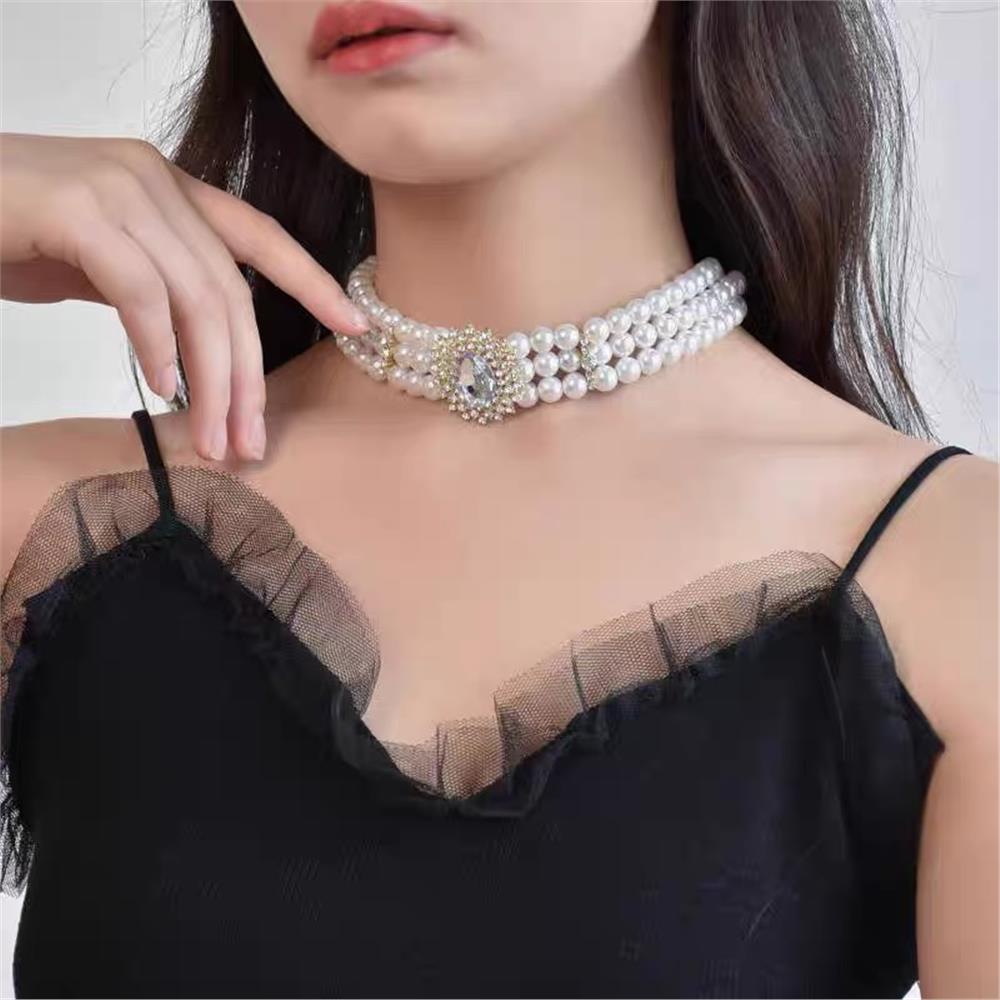 Büyük Taşlı Üç Sıra İnci Gelin/Abiye Choker Kolye