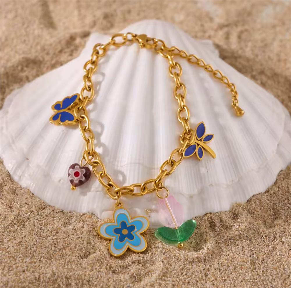 Çiçek Kelebek Lale Charmlı Çelik Bileklik