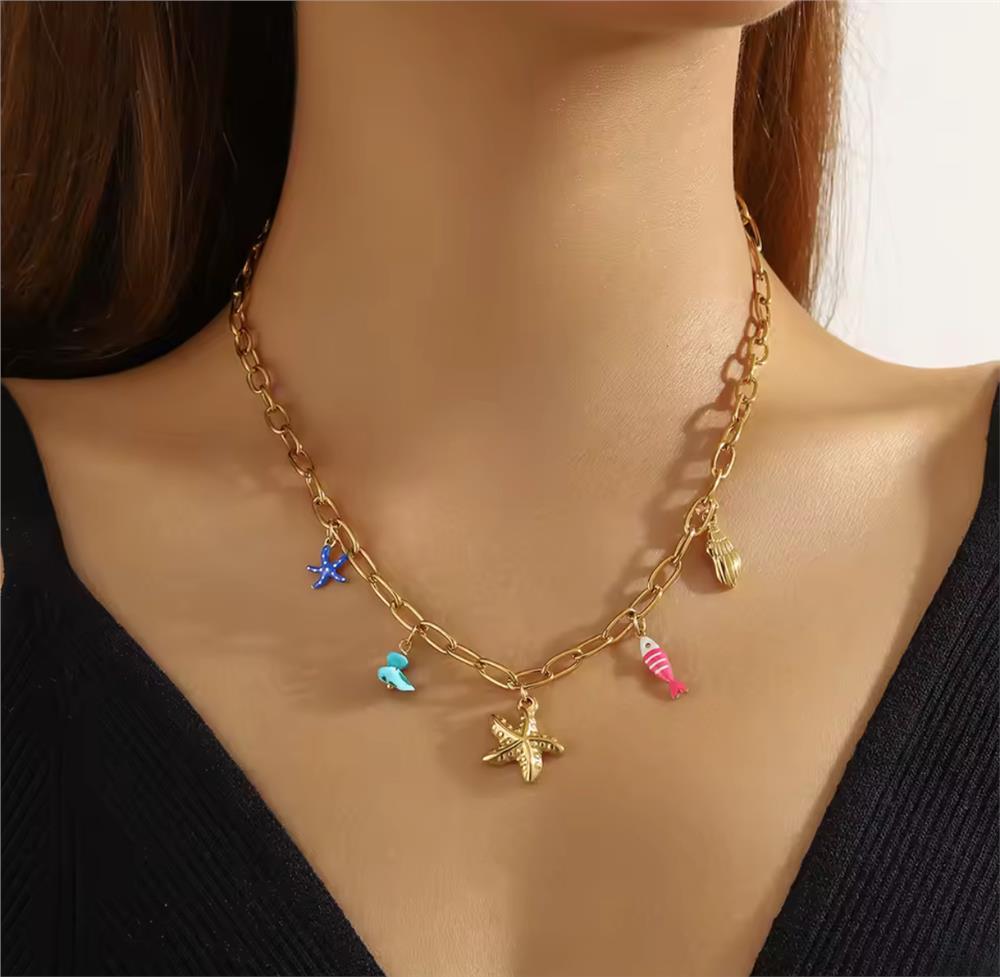 Deniz Yıldızı Balık Figürlü Charm Çelik Kolye