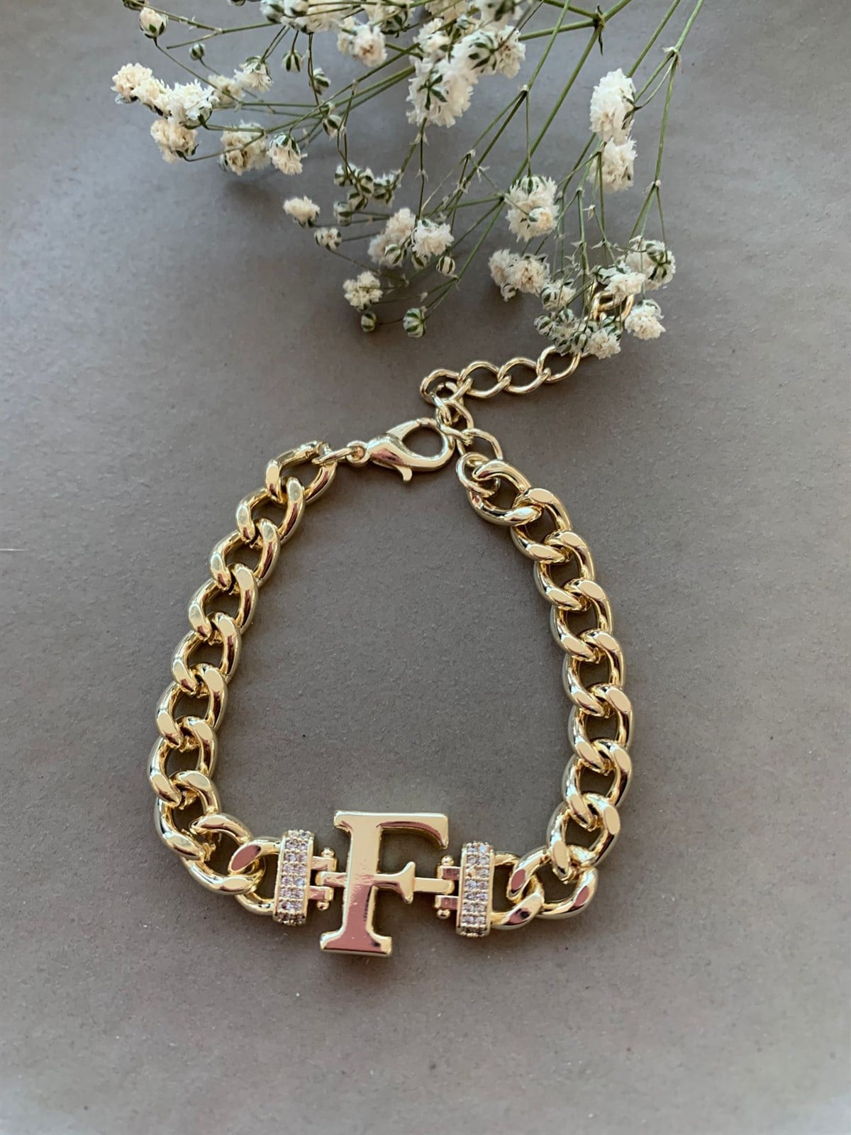 F Harfli Zirkon Taşlı Kalın Zincir Bileklik