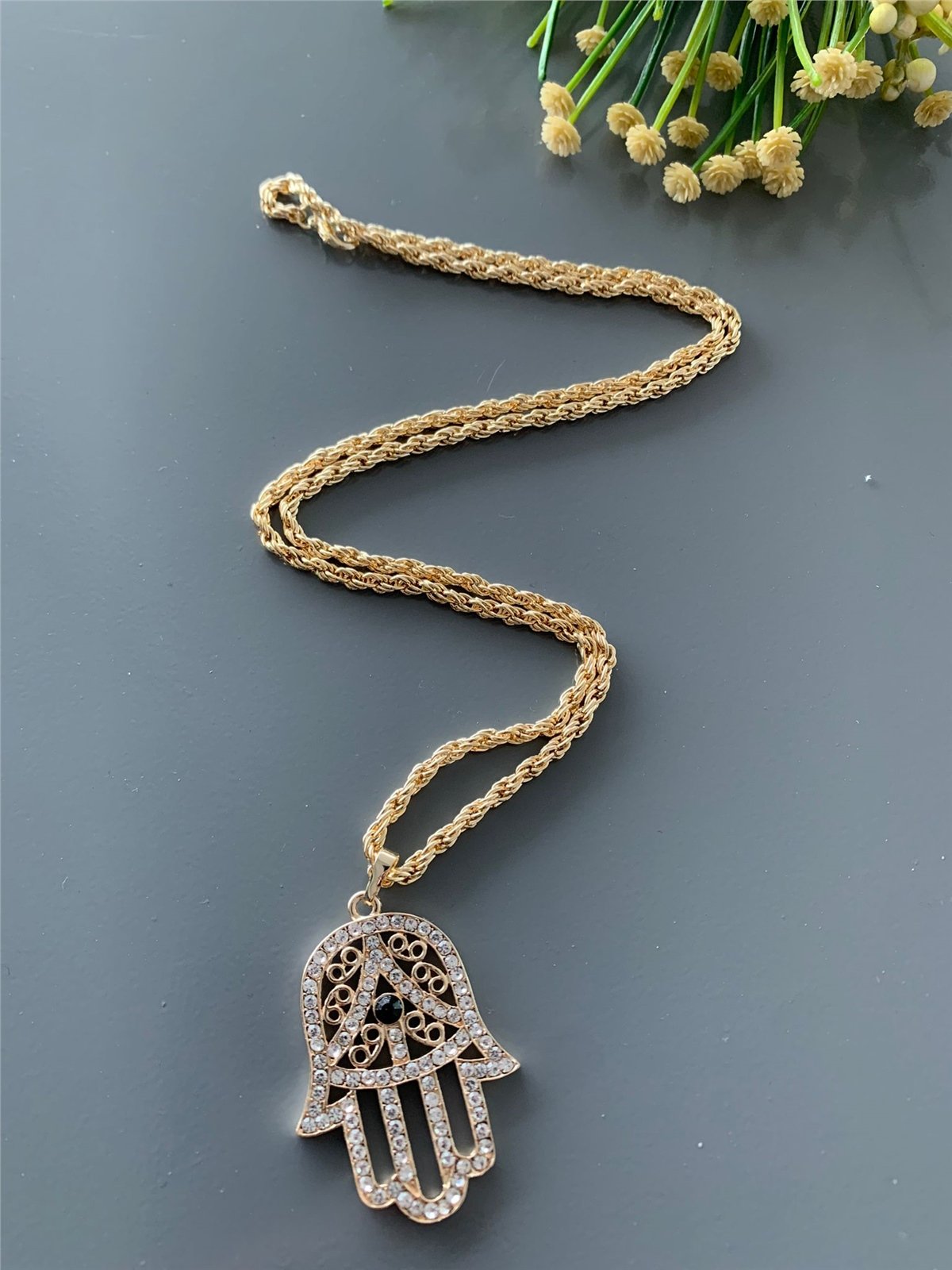 Fatmanın Eli Figürlü Uzun Kalın Zincirli Kolye