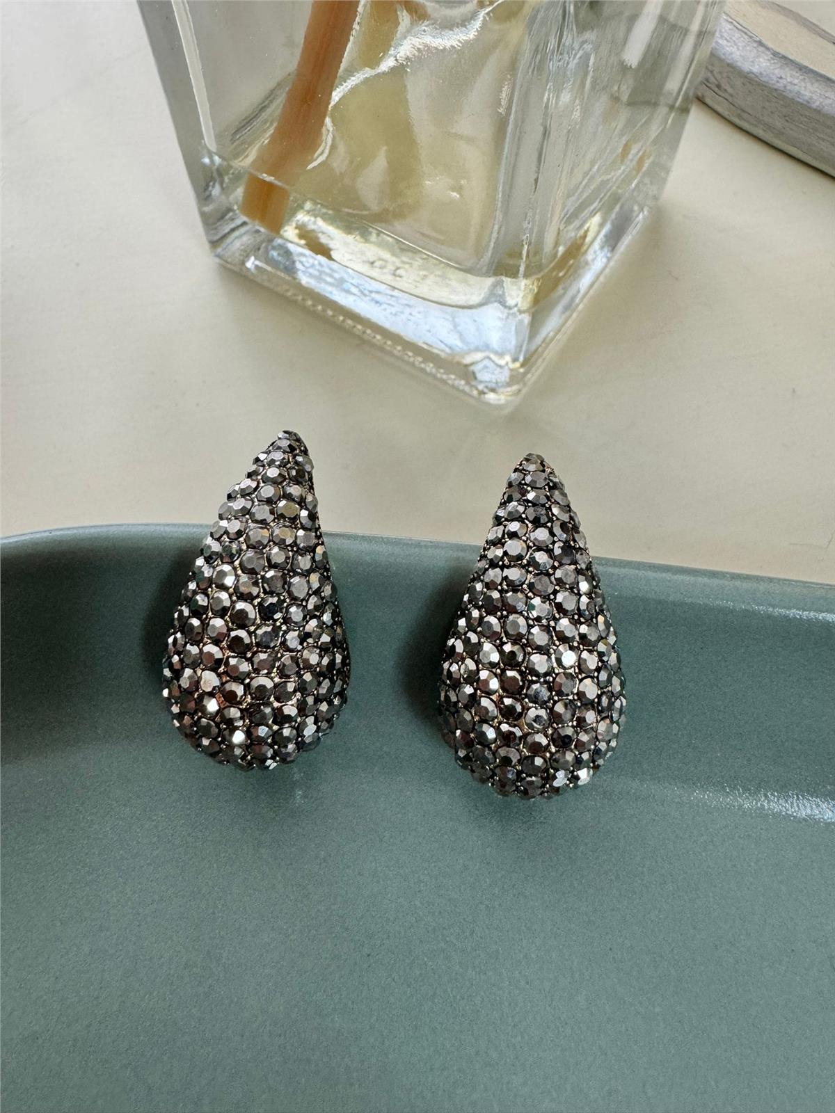 Füme Taşlı Bombeli Silver Bronz Küpe