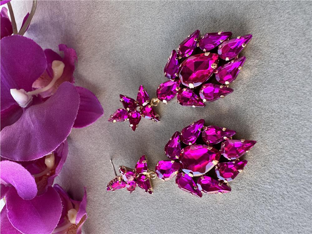 Fuşya Cam Kristalli Küpe