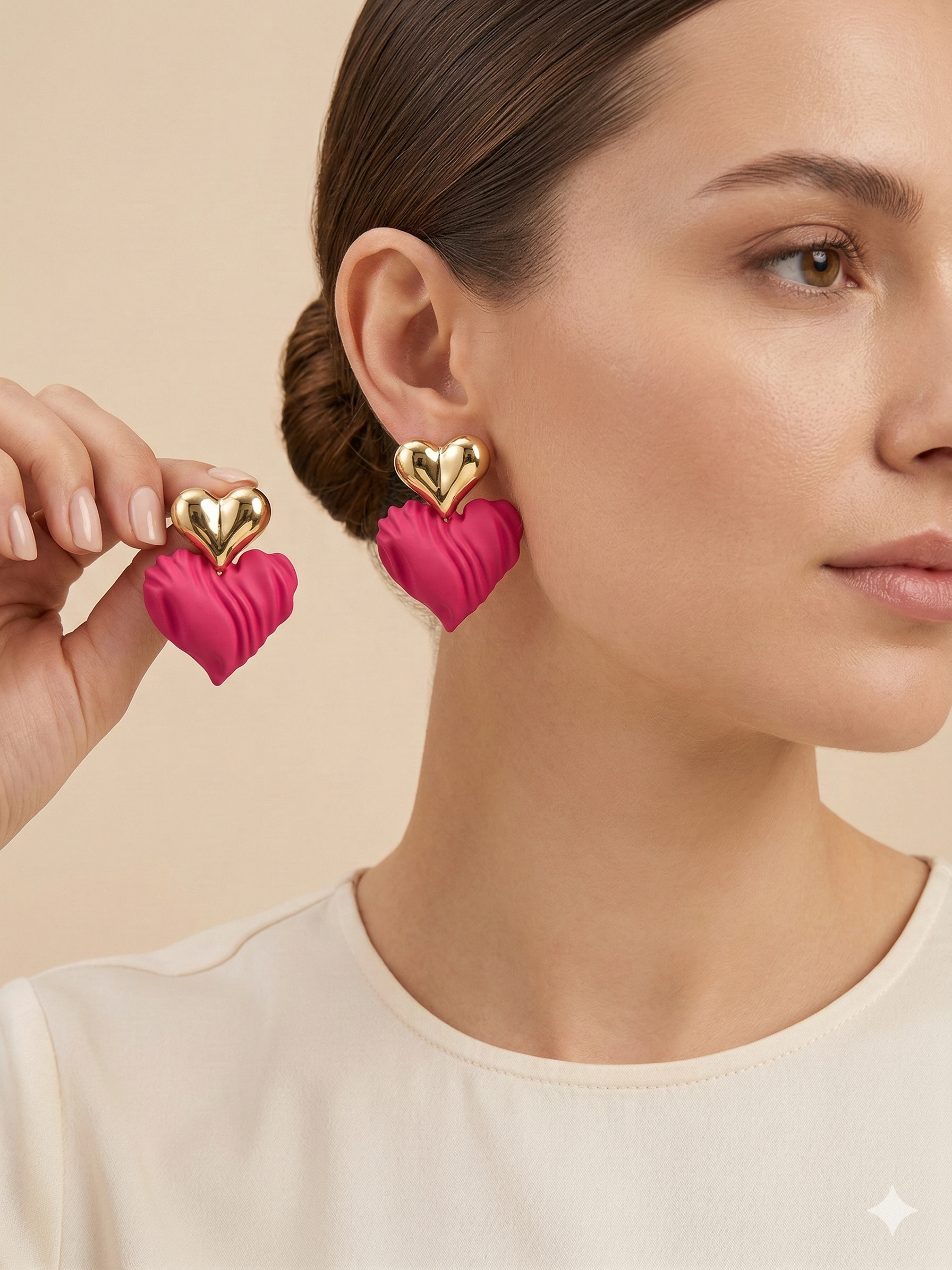 Fuşya Desenli Kalp Küpe