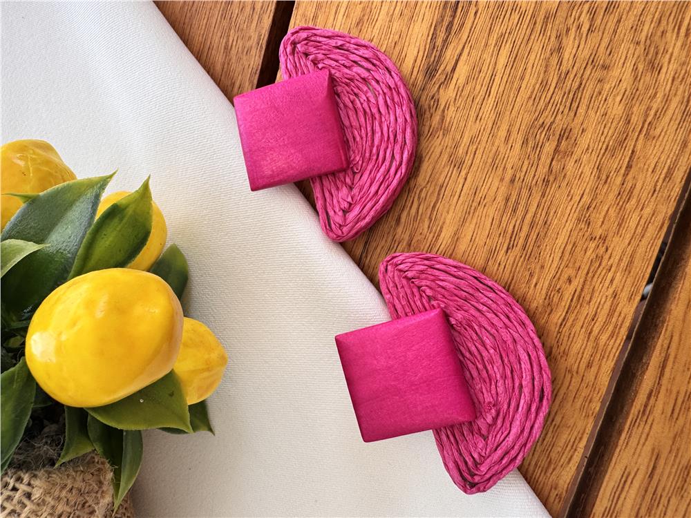 Fuşya Hasır Jüt İpli Ahşap Küpe