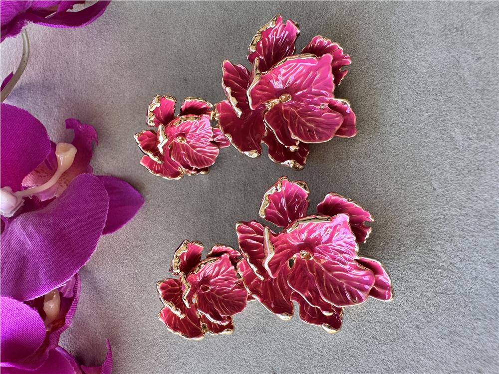 Fuşya Katmanlı İkili Çiçek Küpe