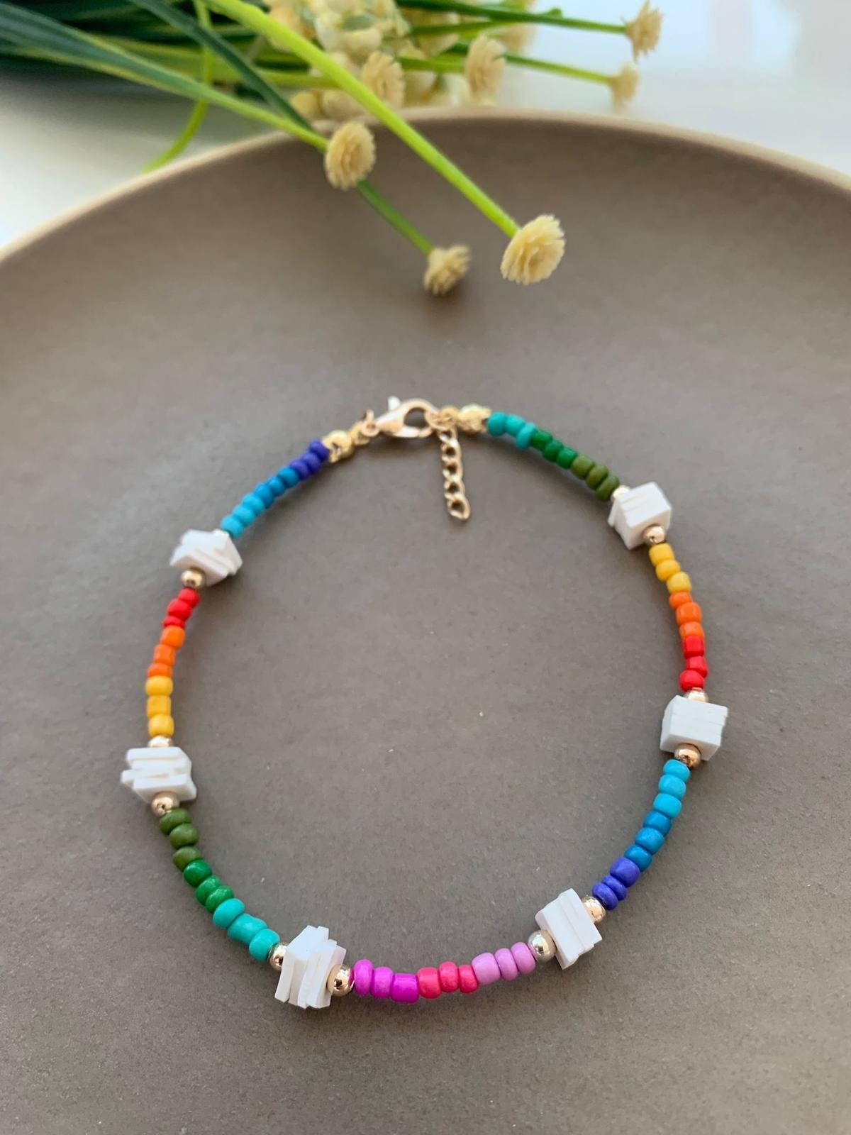 Gökkuşağı Renkli Kum Boncuklu Halhal